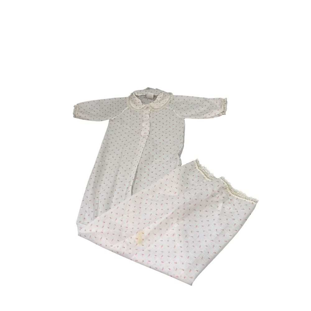 Vintage Baby Bliss Pink Floral Lace Trim Layette Gown White Long Sleeve Sleeper
